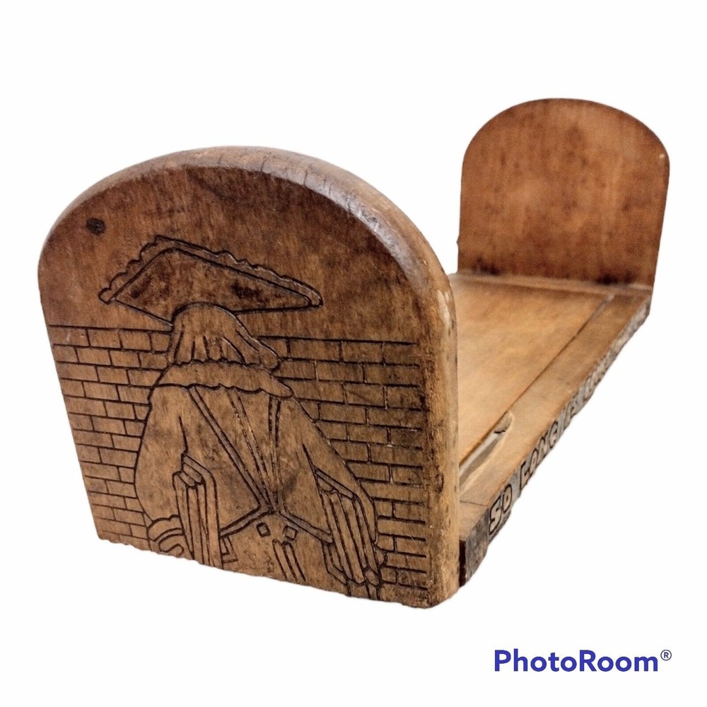 Expandable Book Rack Hand Carved Wood Folding Bookends Vintage Pyrography